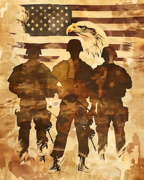 Imagem de dupla exposição de soldados águia e bandeira dos EUA Dia dos Veteranos Dia Memorial Dia da Independência