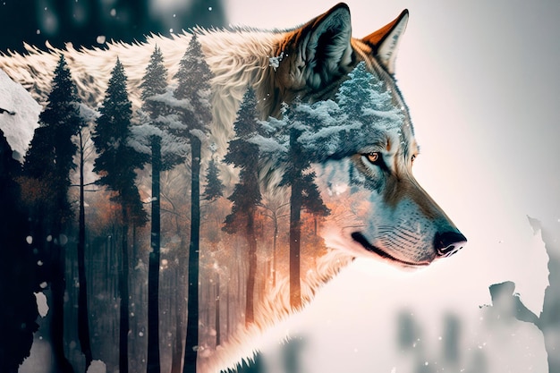 Imagem de dupla exposição de um lobo e a floresta de inverno