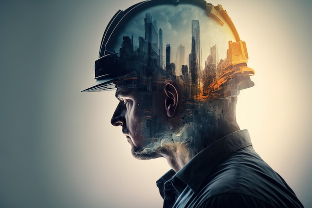 Imagem de dupla exposição do capacete de segurança do engenheiro com a cidade