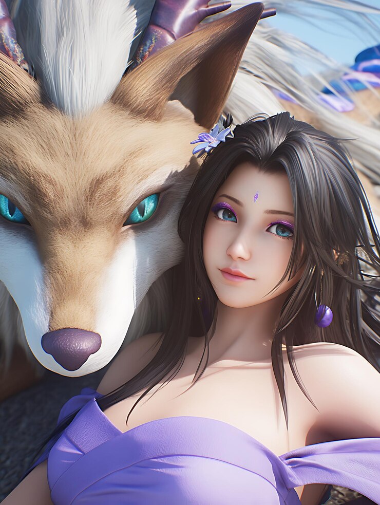 Foto imagem de estilo anime de uma mulher em um vestido roxo com uma cabeça de lobo