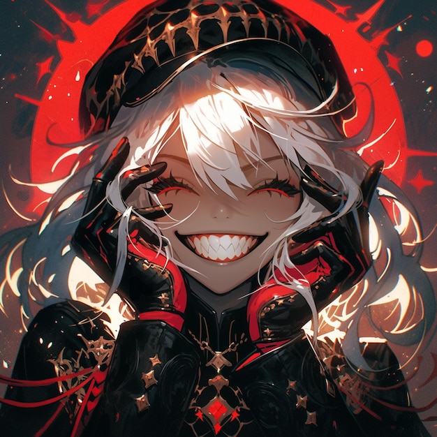 imagem de estilo anime de uma mulher sorridente com um capuz vermelho e preto