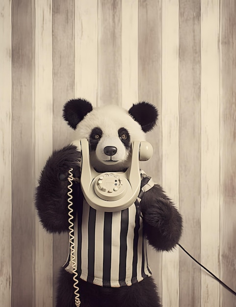 Imagem de estilo retro de um panda com uma camisa listrada segurando um telefone