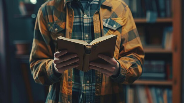 Foto imagem de estilo vintage de um jovem lendo um livro