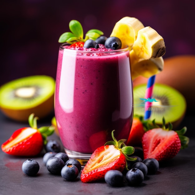 Imagem de estoque de smoothie de bagas de acai em um copo com guarnição de frutas frescas bebida saudável e refrescante IA generativa