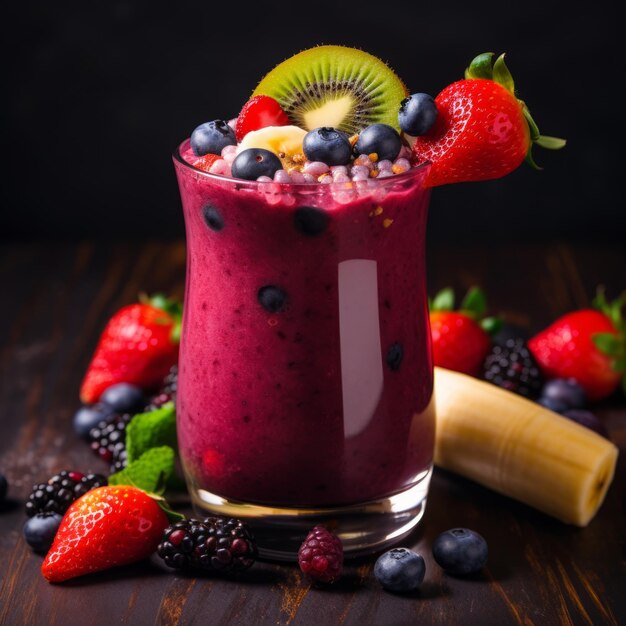 Imagem de estoque de smoothie de bagas de acai em um copo com guarnição de frutas frescas bebida saudável e refrescante IA generativa