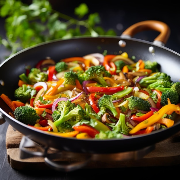 Imagem de estoque de um frito de vegetais coloridos em uma panela opção de refeição nutritiva e saborosa IA geradora