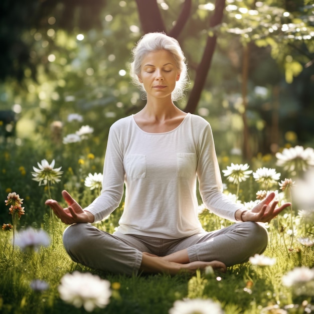 Imagem de estoque de uma mulher idosa praticando meditação em um jardim sereno paz interior e tranquilidade IA generativa