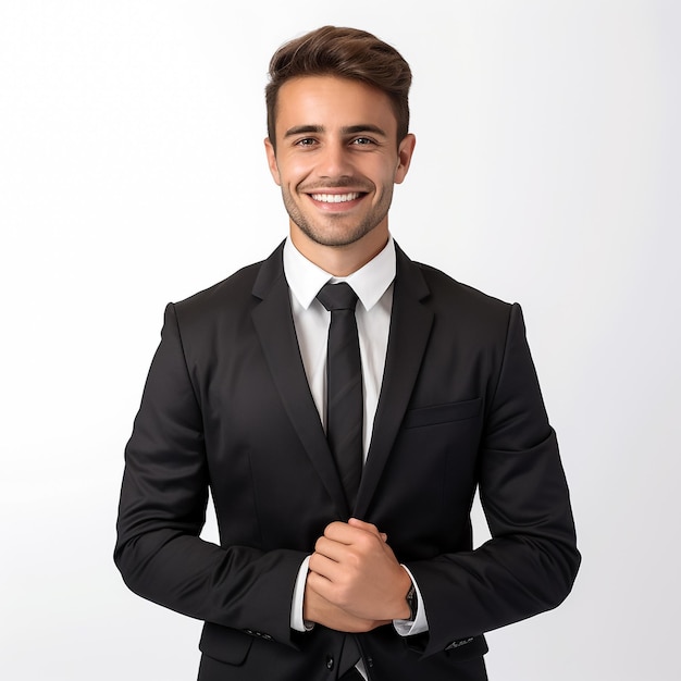 Foto imagem de estúdio de retrato de jovem empresário sorridente de terno preto e gravata azul gravata com braços cruzados isolado isolado sobre fundo branco homem de negócios em estúdio imagem