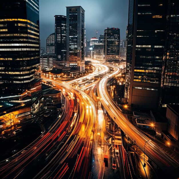 Foto imagem de exposição longa capturando o fluxo gracioso de carros que passam em uma cidade moderna vibrante