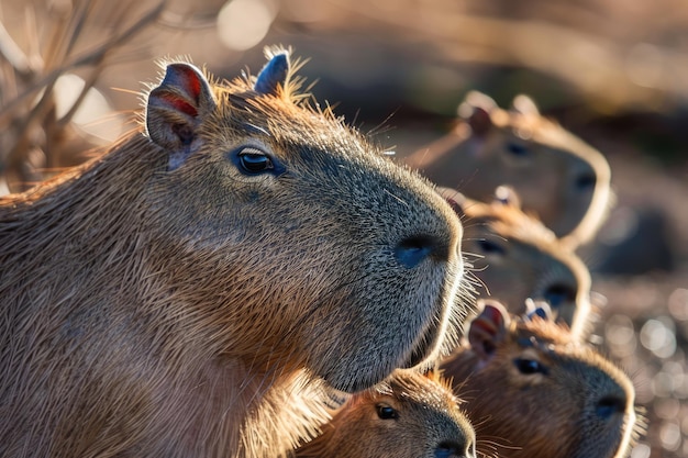 Imagem de família Capybara em close-up cena de vida selvagem da natureza ai gerada