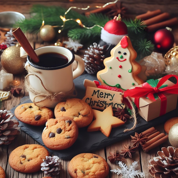 Imagem de Feliz Natal com biscoitos e café na mesa de madeira de fundo