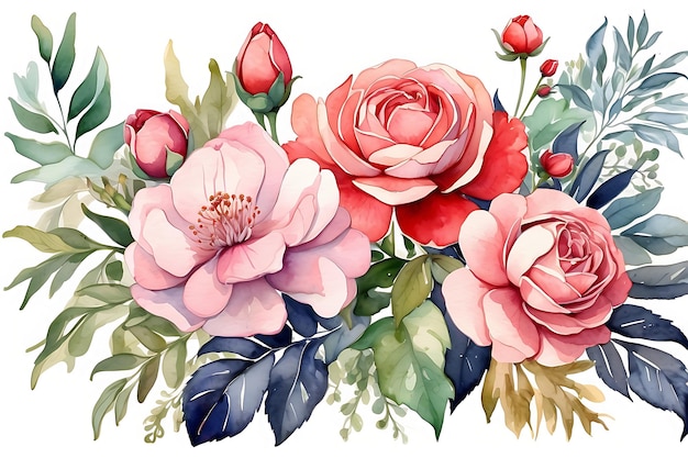 Imagem de flores bonitas com rosas e folhas de aquarela bonitas em fundo branco