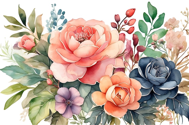 Imagem de flores bonitas com rosas e folhas de aquarela bonitas em fundo branco