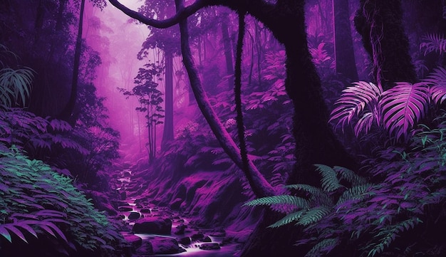 Imagem de floresta tropical de fantasia de fundo roxo Arte gerada por Ai
