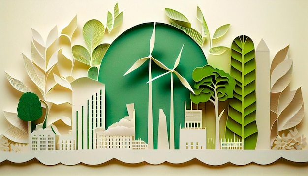 Imagem de folha verde no estilo de arte de papel com silhuetas de construção de cidades de árvores moinhos de vento e painéis solares a conservação da ecologia uma ideia de energia verde Generative Ai