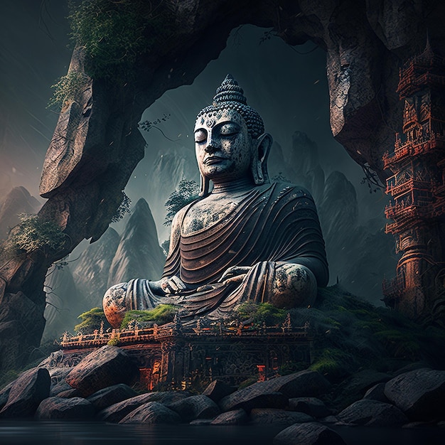 Imagem de fundo da montanha da estátua da meditação da Buda Ai gerou a arte