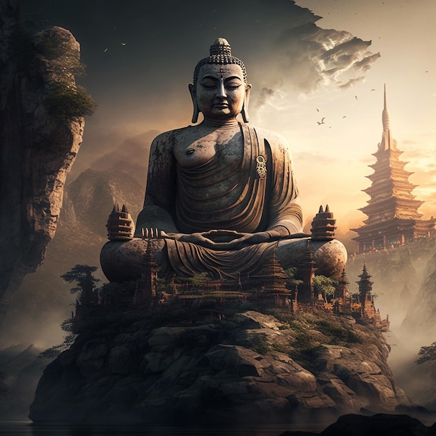 Imagem de fundo da montanha da estátua da meditação da Buda Ai gerou a arte