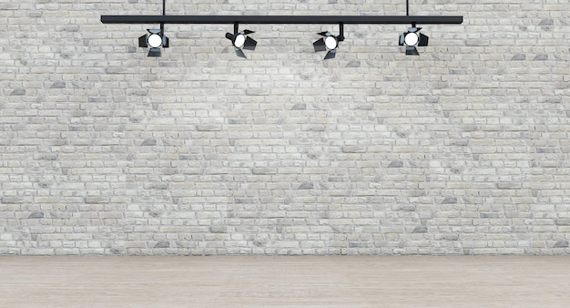 Imagem de fundo da parede de tijolos com estúdio de parede de tijolo de ponto de luz com renderização 3d de lâmpadas