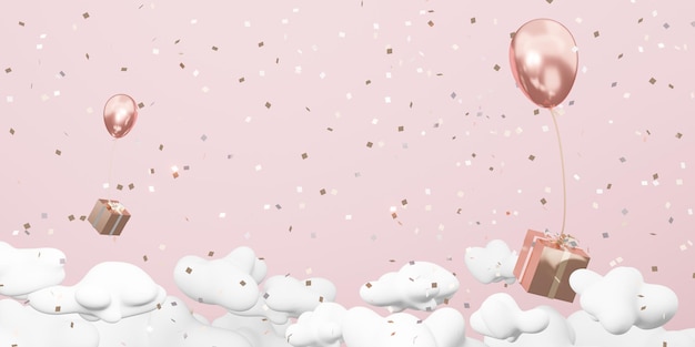 Imagem de fundo de balões e caixas de presente flutuando no céu rosa em um cartão de ano novo de dia nublado