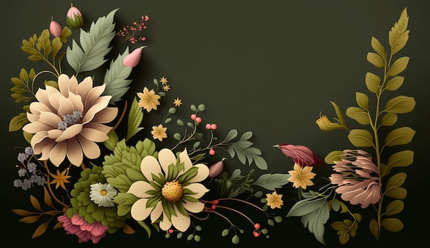 Imagem de fundo de borda de flores de cor verde-oliva gerada por IA