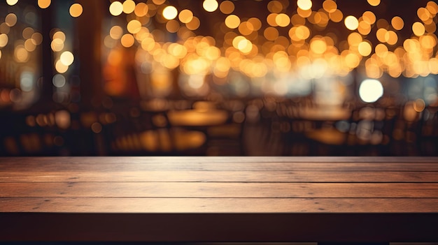 Imagem de fundo de mesa de madeira na frente de luzes de restaurante abstratas e desfocadas