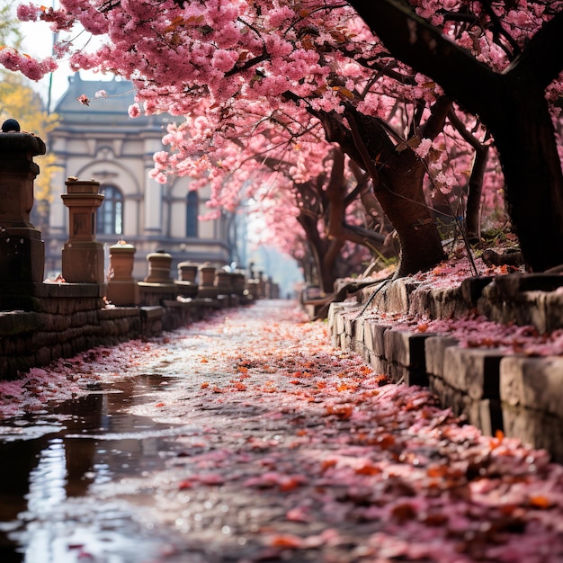 imagem de fundo de rua com árvores de flores rosas na Alemanha