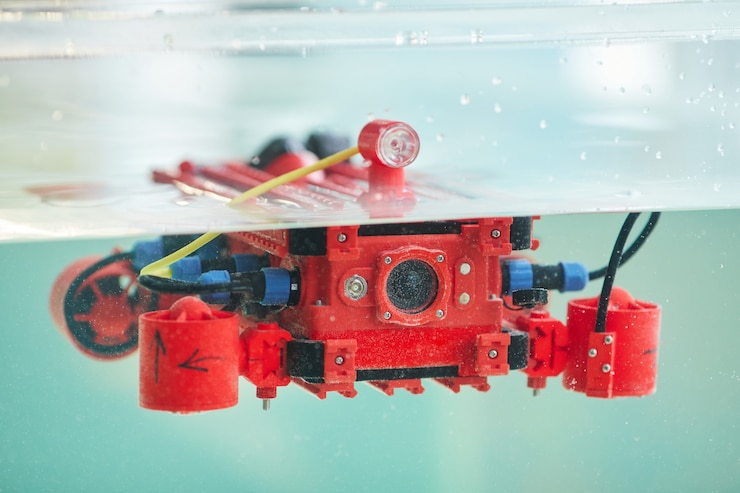 Foto imagem de fundo de um barco robótico vermelho com a câmera no tanque de água, copie o espaço