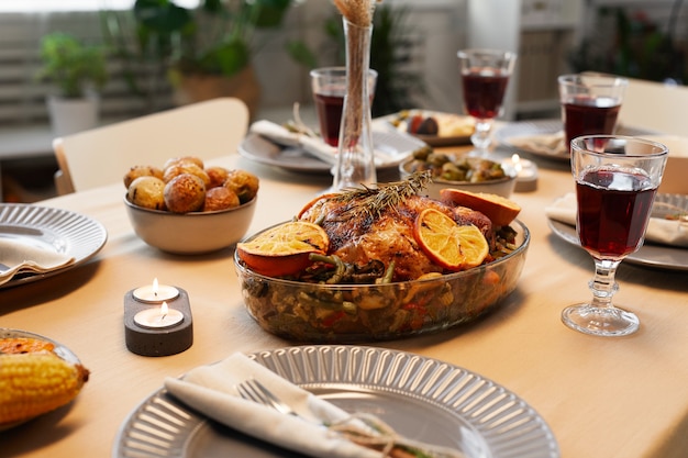 Imagem de fundo de um delicioso frango assado na mesa de Ação de Graças, pronto para um jantar com amigos e família