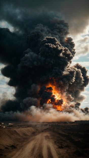 Imagem de fundo de uma grande explosão de fumaça em uma estrada