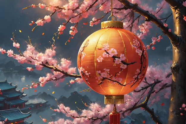 Imagem de fundo do Ano Novo Lunar de uma lanterna pendurada em um galho de pêssego em estilo de design abstrato