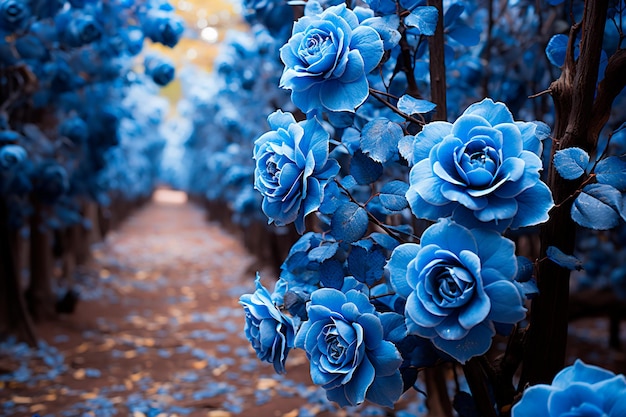 imagem de fundo do caminho do túnel de rosas azuis