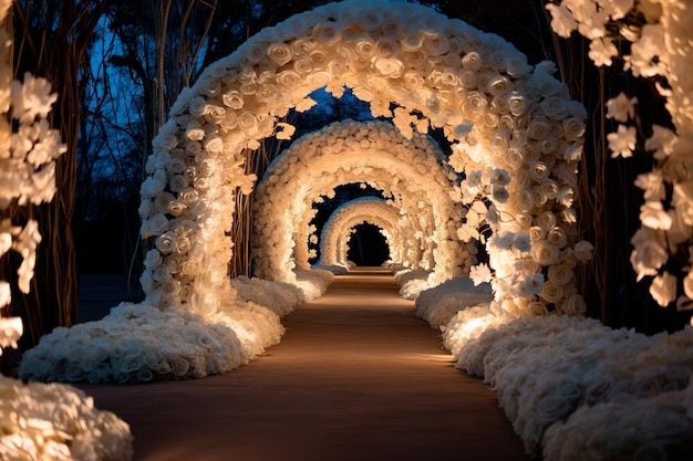 imagem de fundo do caminho do túnel de rosas brancas