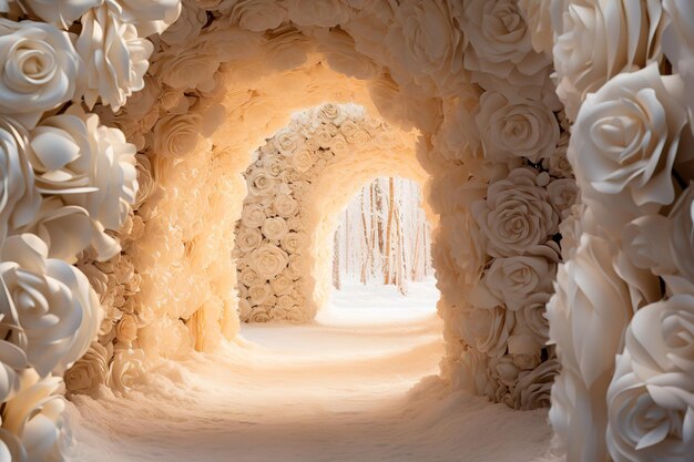 imagem de fundo do caminho do túnel de rosas brancas