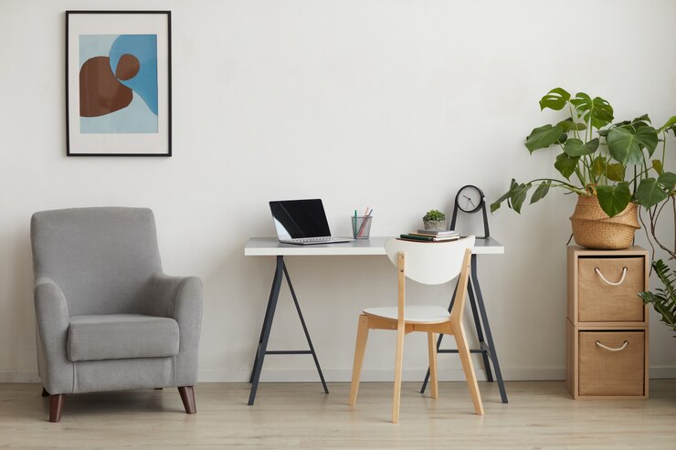 Foto imagem de fundo do interior mínimo com local de trabalho de escritório em casa, espaço de cópia