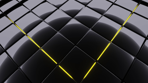 Foto imagem de fundo escuro abstrato, forma quadrada inserida com luz de néon amarela, renderização em 3d.