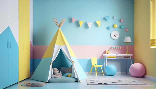 Imagem de fundo mínima do interior do quarto de crianças fofas com tenda de jogo e decoração em cores pastel copiam o espaço