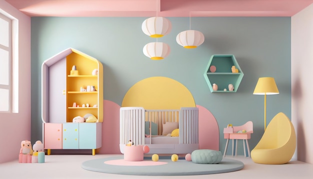 Imagem de fundo mínima do interior do quarto de crianças fofas com tenda de jogo e decoração em cores pastel copiam o espaço