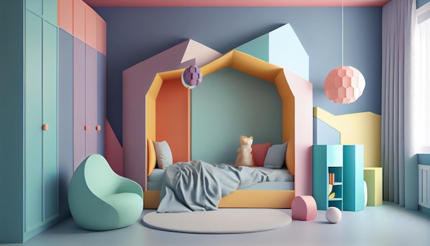 Imagem de fundo mínima do interior do quarto de crianças fofas com tenda de jogo e decoração em cores pastel copiam o espaço