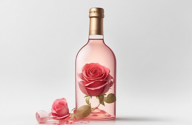 Foto imagem de garrafa de vinho de rosa realista em fundo branco