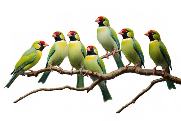 Imagem de grupo de pega verde comum em um galho em um fundo branco Aves Animais Ilustração Generative AI