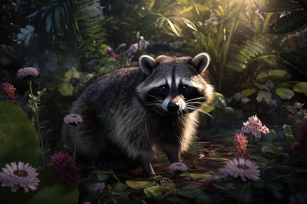 Imagem de guaxinins em jardins de flores tropicais coloridas Ilustração de animais selvagens IA generativa