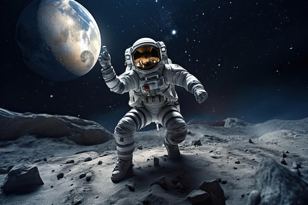 Imagem de homem ou mulher astronauta de terno com capacete na superfície lunar