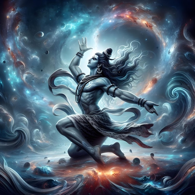 Imagem de IA do Senhor Shiva em uma pose de dança dinâmica cercada por galáxias e estrelas giratórias