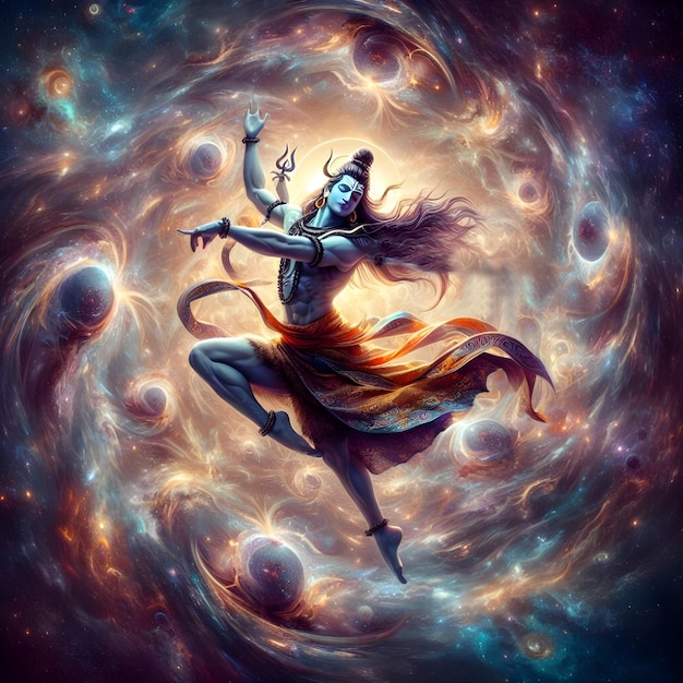 Imagem de IA do Senhor Shiva em uma pose de dança dinâmica cercada por galáxias e estrelas giratórias