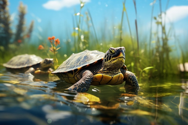 Foto imagem de ia generativa de tartarugas nadando na superfície da água do lago no dia claro