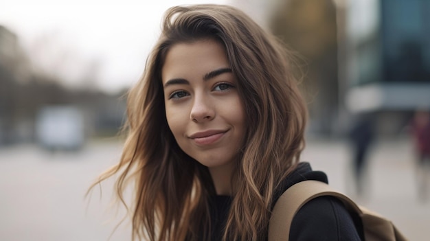 Imagem de IA generativa de uma jovem estudante adorável do lado de fora em seu skate