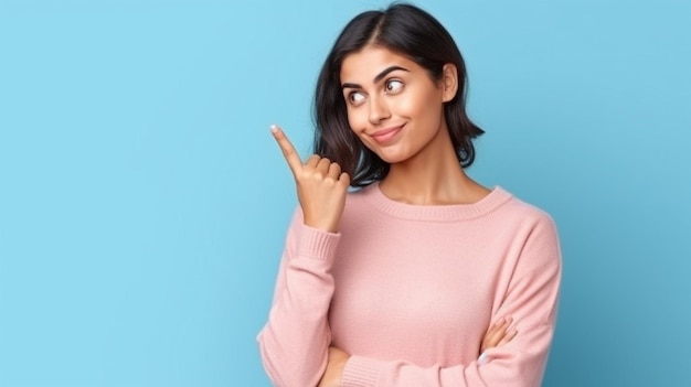 Imagem de IA generativa de uma mulher contemplativa vestindo um cardigã rosa e posando com o polegar para cima contra um pano de fundo azul