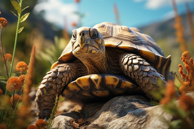 Imagem de IA generativa de uma tartaruga em pé na rocha cercada por plantas selvagens em um dia claro