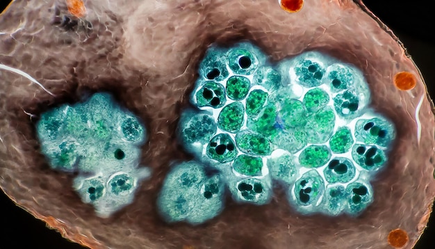Foto imagem de ihc de imunofluorescência tumoral melanoma metastático agressivo células tumorais em verde com nu azul...