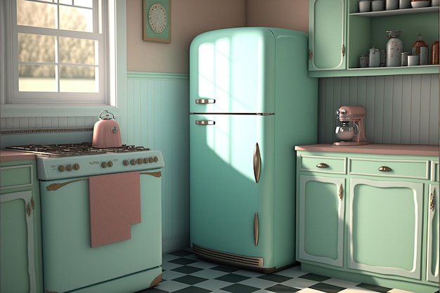 Imagem de interiores de cozinha retrô com geladeira e eletrodomésticos criados usando tecnologia de IA generativa